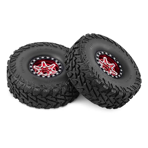1.9" Beadlock Wheels and Tires 121mm (4.75in) for TRX4 SCX10 1/10 RC Crawler Upgrade Parts (Red-3, 4Pcs) - color: Red+P tires