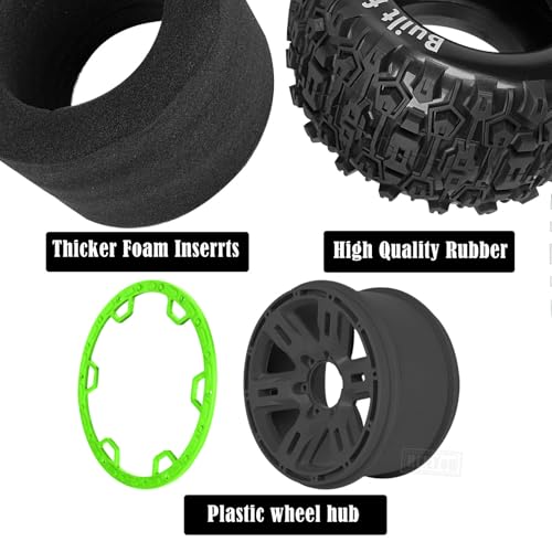 RC Wheels and Tires Set(4PCS) for 1/8 1/10 Monster Truck Tires,Traxx as/Arrm a 6S/Summi t/E Rveo/T-Maxx RC Off-Road etc,17mm Hex Tire and Wheels/Plastic Rims,Green and Black - color: Green and Black- (Wheels Tires)