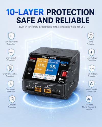 HOTA D6 Ultra GaN+SiC Smart Lipo Charger, 650W DC/300W AC 15A×2 Dual Channel RC Battery Charger for LiPo Life LiIon NiMH Lead Acid 1-6S FPV Drone RC Car Boat with 2.8" Color LCD & Wireless Charging ﻿