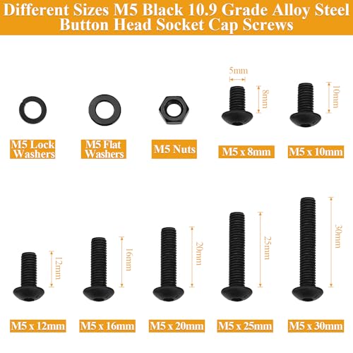 242 Pieces M5 Screws Nuts Washers Set Black, Sutemribor M5 x 8/10/12/16/20/25/30mm Button Head Socket Cap Screws Nuts Washers Assortment Kit, 10.9 Grade Alloy Steel, Fully Threaded - size: M5 x 8-30mm, style: Button Head