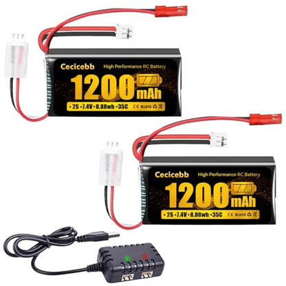 SCX24 Lipo Battery 2S 35C 7.4V 1200mAh Lipo with PH2.0 & JST Plug for WLtoys A949 A959 A969 A979 K929 RC Truck and 1/10 1/16 1/18 1/24 RC Cars RC Batteries with Charger