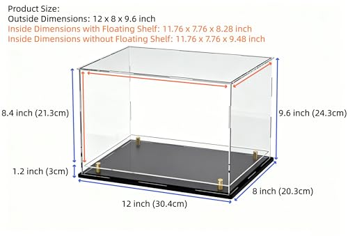 Acrylic Display Case with Raised Shelf, Clear Display Box with Black Base & Gold Standoffs, Dustproof Showcase for Collectibles, Figures, Model Cars – Easy Assembly (12×8×9.6 Inch) - size: 12"L x 8"W x 9.6"H
