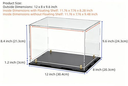Acrylic Display Case with Raised Shelf, Clear Display Box with Black Base & Gold Standoffs, Dustproof Showcase for Collectibles, Figures, Model Cars – Easy Assembly (12×8×9.6 Inch) - size: 12"L x 8"W x 9.6"H