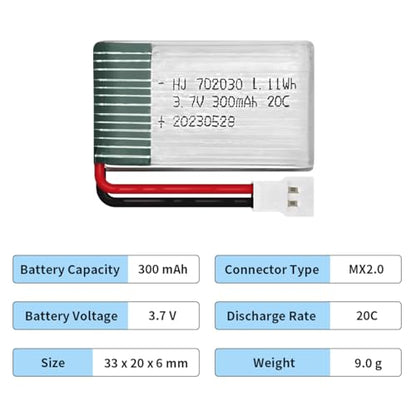 HAWK'S WORK 2 Pcs 3.7V Lipo Battery, 300 mAh Rechargeable Lithium Polymer Battery for RC Plane Helicopter Drone All Models & Toys (XH2.54 Connector) - size: 300mAh-XH