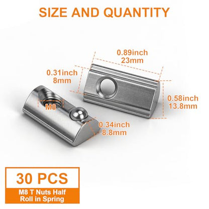 30pcs M8 Half-Roll Spring T-Nuts for 4040 Aluminum Extrusion | European standard spring T-nut. Silver nickel-plated carbon steel construction. For 3D printers, CNC, laser engravers - size: 30pcs M8 Spring T-Nut