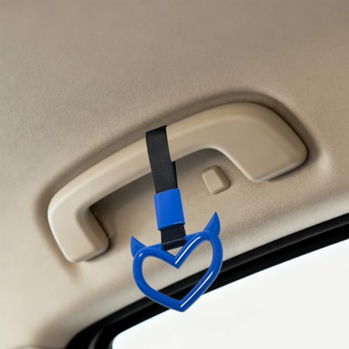 2PCS Car Devil Heart Handle Ring, Cute Heart-Shaped Vehicle Rear Bumper Waring Loops, Automotive Grab Handle Strap Drift Charm Decoration, Universal Fit (Blue/Black) - color: Blue/Black
