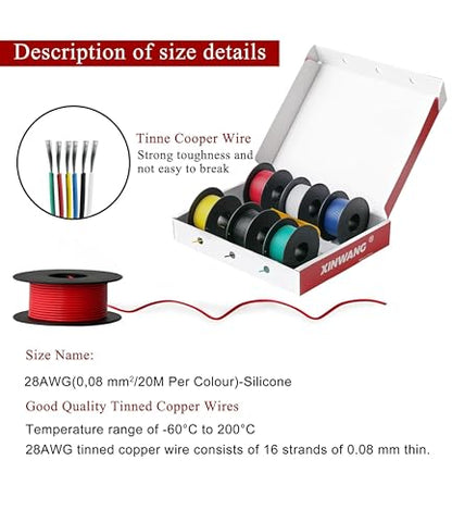 XINWANG 28AWG Silicone Wire, 6 Colors, 65.62FT Each | 28AWG stranded tinned copper wire, silicone insulation (OD:1.3mm); 6-color kit, 65.6FT ea.; electronics, LED, breadboard - size: 28AWG (0.08 mm² / 20 M) - Silicone