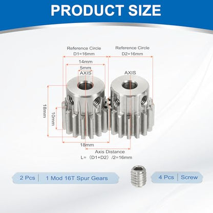 uxcell 2Pcs 1 Mod 16T Spur Gear 5mm Bore, 304 Stainless Steel Pinion Gear, 20°Pressure Angle, for Spur Rack and RC Model Car or Motor DIY(14mm) - size: 1 Mod 16T, 5mm x 14mm