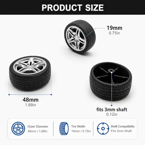 10PCS Toy Car Wheel 48mm Toy Car Rubber Tire Wheels with 5PCS Shaft Round Rod Axles for RC Car Truck Robot DIY Model Toy Parts