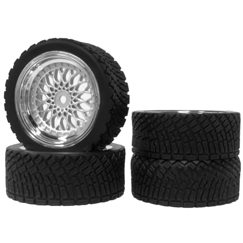 4PCS 65mm RC Rally Car Rubber Tires and Plastic Plating Wheel Rims Set 12mm Hex for 1/10 RC On-Road Rally Drift Racing Car for HSP Tamiya Sakura HPI WR8 HSP TT02 WLtoys (Silver) - color: Silver