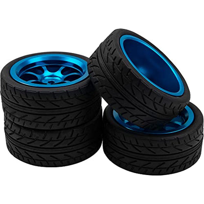 Metal Wheel Rims 12mm Hex Hub & OD 2.56" Rubber Tires Compatible with Tamiya HPI Kyosho HSP Redcat Exceed RC 1/10 On-Road Touring Car WLtoys 1/14 144001 (Dark Blue)