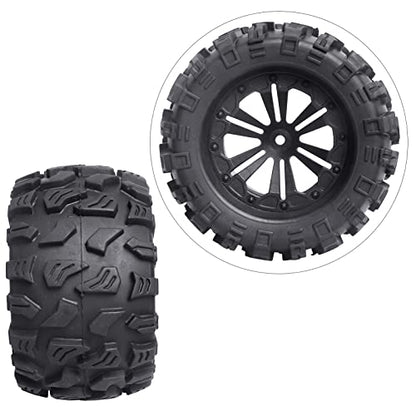 2.8'' Tires and Wheels 12mm Hex Pre-Glued 1/10 Monster Truck Tyres Sets for Traxxas Rustler Stampede Redcat Volcano Blackout MT Off-Road Cars Models 2S-4S Brushless Power, Set of 4