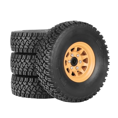 4PCS 1.55 Inch Beadlock Metal Wheel Rim and Rubber Tires Set for 1/10 RC Rock Crawler Car for Axial AX90069 D90 TF2 Tamiya CC01 LC70(90mm-10Holes Yellow) - color: 90mm-10holes Yellow