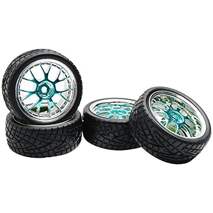 4PCS 12mm Hex Hub RC Cars Wheels and Tires,62mm On Road Touring Rubber Racing Rally Tires Set for 1:10 1:16 1:18 XV01 TT01 TT02B HSP 94122 94123 94103 3850 3851 FW06 16889 RC Cars(Silver Blue)