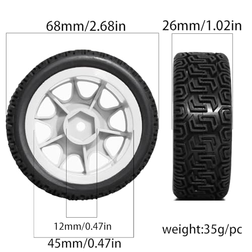 REDSPIDER 12mm Hex RC Wheels and Tires Nylon Wheel Rims OD68mm Rubber Tires Compatible with Tamiya TT01 TT02 XV01 HSP HPI Kyosho Traxxas WLtoys 1/10 1/12 On-Road Touring Car (White) - color: White