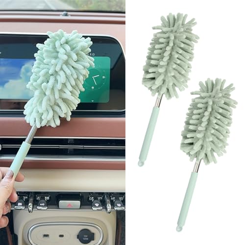 2PCS Car Interior Duster with Extension Pole, Microfiber Retractable Dusters Auto Dash Cleaning Tool, Soft Chenille Hand Washable Dusters for Vehicle Window Office Furniture (Light Green) - color: Light Green