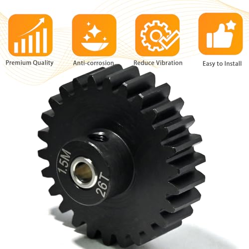 M1.5 26T Pinion Gear 8mm Bore with 8mm to 5mm Shaft Adapter Sleeve, Chromium Steel Motor Gear with Set Screw & Hex Key for Traxxas ARRMA Losi 1/5 1/8 RC Cars - size: 26T