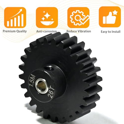 M1.5 26T Pinion Gear 8mm Bore with 8mm to 5mm Shaft Adapter Sleeve, Chromium Steel Motor Gear with Set Screw & Hex Key for Traxxas ARRMA Losi 1/5 1/8 RC Cars - size: 26T