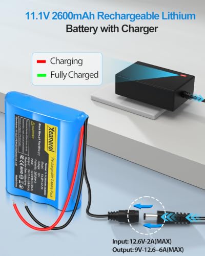 11.1V- 12V 2600mAh Rechargeable Li-ion Battery Pack with Charger, Bare Leads Wire Replacement Lithium Battery Compatible with 12 Volt Devices RC Car, Boat, Robot, DIY, LED Light Strip, CCTV Camera