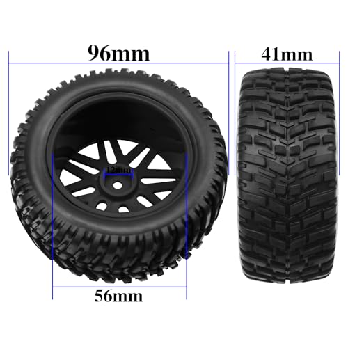 OD 96mm RC Off Road Short Course Truck Tire w/Plastic Rim 12mm Hex Compatible with 1/10 Scale Buggy Car HSP 94170 94155 Wltoys 1/14 144001 124019 RC Car (Black) - color: Black