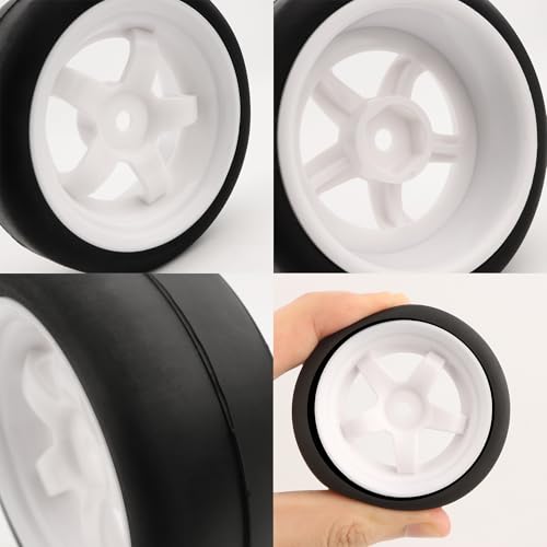 4-Pack RC 1/10 Scale On Road Soft Slick Tires OD2.55 Rubber Wheel Rims 12mm Hex Compatible with Traxxas 4 Tec 2.0 Tamiya TT01 XV01 Kyosho WR8 Sakura WLtoys HPI Touring Racing Car - color: White