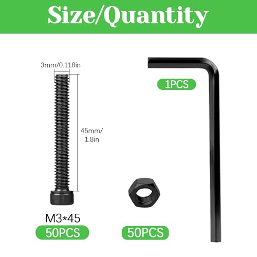 100Pcs M3 x 45mm Hex Socket Head Cap Screws Bolts, Carbon Steel, Black Oxide Finish, Allen Socket Drive, Full Threads,with Hex Spanner - size: M3 x 45-100Pcs-Black