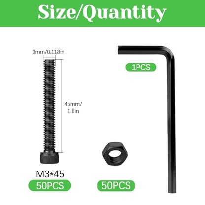 100Pcs M3 x 45mm Hex Socket Head Cap Screws Bolts, Carbon Steel, Black Oxide Finish, Allen Socket Drive, Full Threads,with Hex Spanner - size: M3 x 45-100Pcs-Black