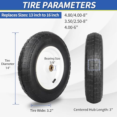 Wheelbarrow Rubber Tire, 14-inch Pneumatic Wheel, 3"-6" Centered Hub, 5/8" & 3/4" Ball Bearings, Replacement 4.80/4.00-8, 3.50/2.50-8, 4.00-6, 4.00-8 Wheelbarrow Wheels | 5/8" & 3/4" Ball Bearings, 3"-6" Centered Hub, Replacement for Garden Wagon Cart - s