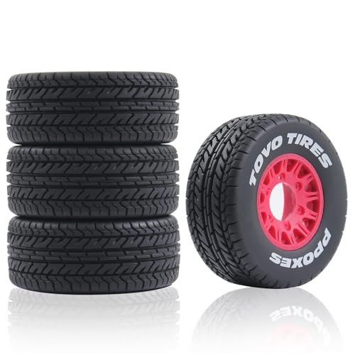 1/10 1/8 RC Short Course Truck Tires OD 4.33" and Wheels 12mm 14mm 17mm Hex for 1:8 1:10 Scale Off Road Truck Car Traxxas Slash 2WD 4×4 Rc4wd Arrma Senton Axial Losi Redcat 4PCS (Red) - color: Red