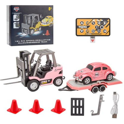 1/64 Scale Mini RC Forklift Truck, 2.4GHz Fully Functional Remote Control Truck Model with Wireless Controller, Cargo Hook, Forks and Pallet, RC Vehicle Toy for Adults - color: Pink/Upgraded Version