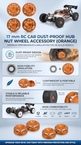 Tbest RC Hub Nut, 17mm 4Pcs Aluminium Alloy Hub Nut Wheel Accessory for 1/8 RC Car Model(Orange) Car Model Accessory Replacement Parts