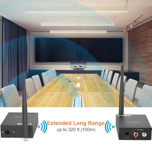 YMOO 2.4Ghz Wireless Audio Transmitter Receiver (1 TX+1 RX) for Home Audio | 20ms Ultra Low Latency 320ft Long Range RCA Jack Adapter for Powered Speaker/Soundbar to TV/PC/CD Player/Computer/Projector