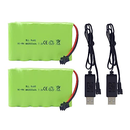 2PCS AA 7.2V 2800mAh Rechargeable Battery with SM-2P Plug and 2PCS USB Charging Cable for Huina 1550 550 Remote Control Excavator, Truck, Engineering Vehicle TR-211 RC Toys Spare Batteries