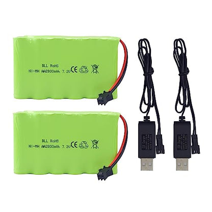 2PCS AA 7.2V 2800mAh Rechargeable Battery with SM-2P Plug and 2PCS USB Charging Cable for Huina 1550 550 Remote Control Excavator, Truck, Engineering Vehicle TR-211 RC Toys Spare Batteries