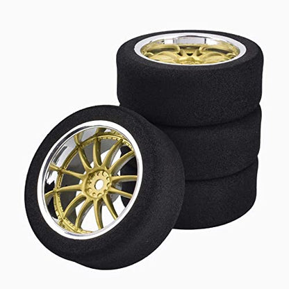4Pcs 1/10 On-Road Foam Tires& 9003 Wheel Rims 12mm Hex for HSP HPI RC Racing Car Toy, Gold