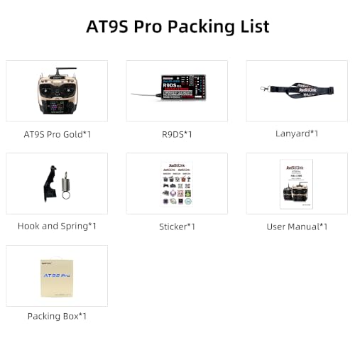 Radiolink AT9S Pro 10/12 Channels RC Transmitter and Receiver R9DS Grey | Long Range RC Remote Radio Controller for RC Airplane, FPV GPS Drone, Car, Boat and More Mode 2 - color: Champagne Gold