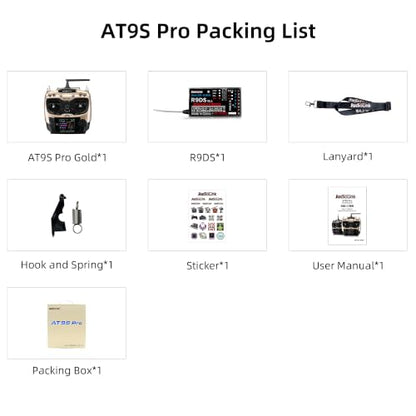 Radiolink AT9S Pro 10/12 Channels RC Transmitter and Receiver R9DS Grey | Long Range RC Remote Radio Controller for RC Airplane, FPV GPS Drone, Car, Boat and More Mode 2 - color: Champagne Gold