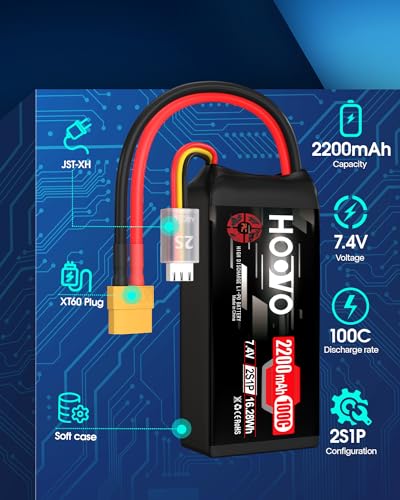 HOOVO 2S Shorty Lipo Battery 2200mAh 100C 7.4V RC Lipo Battery XT60 Plug | 2 Pack,for FPV Racing Drone RC Airplane Helicopter Quadcopter Car - style: 2S 2200mAh 80C-XT60