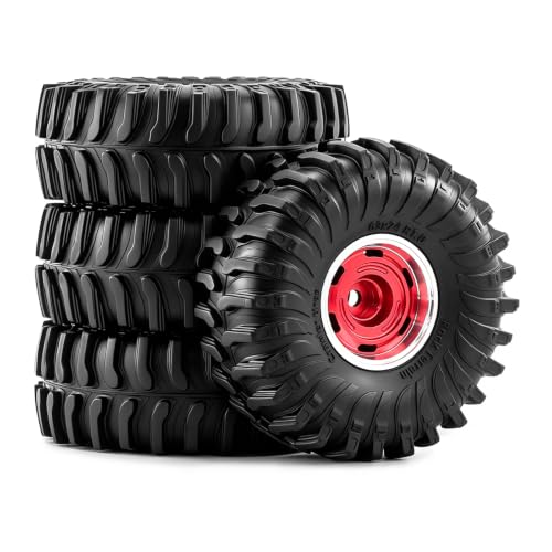 1.0" Beadlock Aluminum Wheels and 64mm Soft Rubber Tires | for SCX24, TRX4M, Ascent 18, FCX24, 1/18 1/24 RC Crawler, 7mm Hex, 0mm Offset, with Foam Inserts, (Red A) - color: Red a
