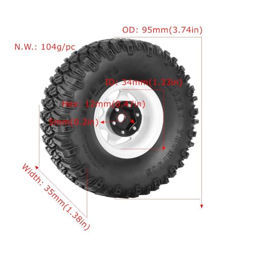 4PCS 1.55 Inch Aluminum Alloy Beadlock Wheel Rim Tyre and 95mm Rubber Tires Set for 1/10 RC Rock Crawler Car Upgrade Parts for Tamiya Axial AX90069 D90 TF2 CC01 LC70(6Spoke-White) - color: 6spoke-white