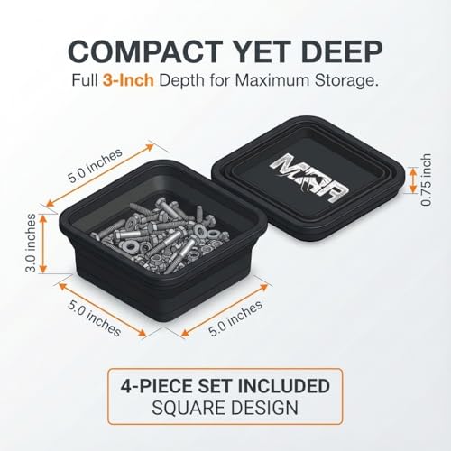 Collapsible Magnetic Parts Tray Set, 4-Pack, Black | Silicone construction, double-sided magnets, fold-flat design, keeps screws and bolts, compact storage, mechanic organizer - color: Black