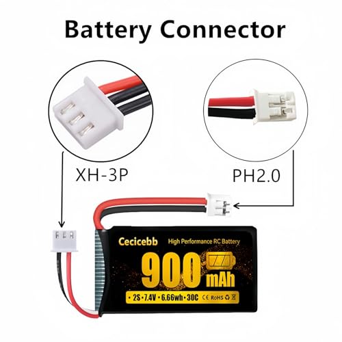 SCX24 Battery 7.4V 900mAh Li-Po Battery with PH2.0 Plug for SCX24 RC Car Most 1/10, 1/16, 1/18, 1/24 Scale RC Trucks with Charger Cable