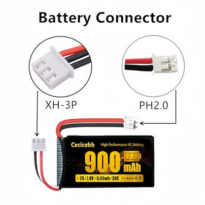 SCX24 Battery 7.4V 900mAh Li-Po Battery with PH2.0 Plug for SCX24 RC Car Most 1/10, 1/16, 1/18, 1/24 Scale RC Trucks with Charger Cable