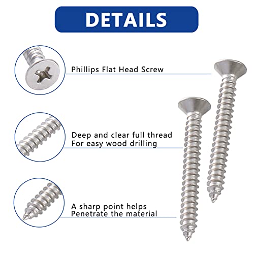 530Pcs Stainless Steel Wood Screws Set #4#6#8#10#12 Phillips Flat Head Sheet Metal Screw Self Tapping Screws Assortment Kit, Length 1/4" to 2" - color: Flat Head - 304 Stainless Steel - 530pcs