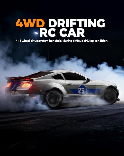 RC Drift Car, 1:20 Scale Remote Control Car for Beginners & Adults | LED Lights, 2.4GHz, 20KM/H, 4WD, Drifting Tires, 2 Batteries, Roadblock, Racing Sports Gift Idea - color: Silver