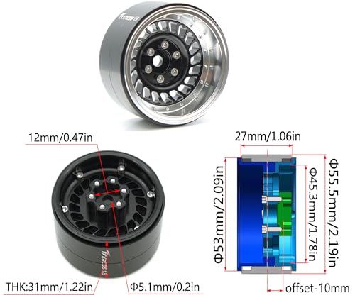 Super Heavy Rc 1.9 Beadlock Wheels Offsets -10mm Rims for 1/10 RC Crawler (Black & Silver) XX - color: Black & Silver