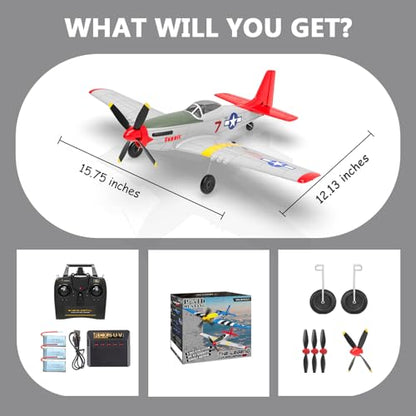 4-Channel RC Plane P51 Mustang - Ready to Fly RC Airplane with X-Pilot Stabilization - Remote Control Airplane for Adults, One-Key Aerobatics, 2.4GHz 6-Axis Gyro - color: White