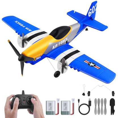 P-51D 3-Channel RC Plane with 2 Batteries, Blue | 2.4GHz gyro-stabilized fighter airplane designed for hand launch or ground takeoff by beginners, kids and adults.