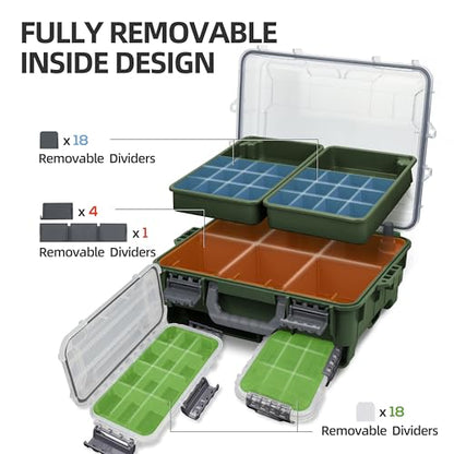 RUNCL Universal Fishing Tackle Box with Two Small Tackle Tray, Removal Inside Design Waterproof Trunk Storage Box, Thicker Floating Airtight Stowaway, Xmas Surprise Fishing Gifts for Men Women - color: Green