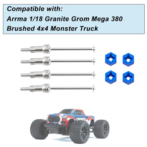 Steel Front Rear CVD Axles Drive Shafts Set with Aluminum 7075 Wheel Hex for Arrma 1/18 Granite Grom Mega 380 Brushed 4x4 Monster Truck RTR Upgrade Parts (Silver) - color: Silver